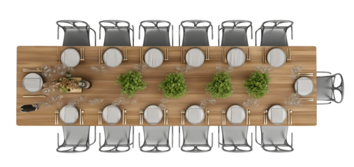 Overhead view of a long wooden dining table set for twelve