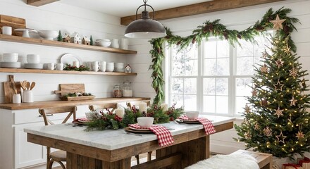 Christmas Dining Room with Tree and Copy Space