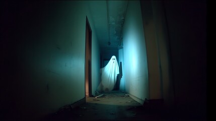 Ghost figure in an abandoned building at night with blue light
