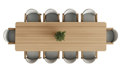 Fototapeta premium Overhead View of Long Dining Table with Eight Chairs and Plant