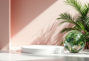Minimalist 3D scene featuring a circular white podium for product presentation, accented by vibrant green palm foliage and striking leaf shadows on a dusty pink background.