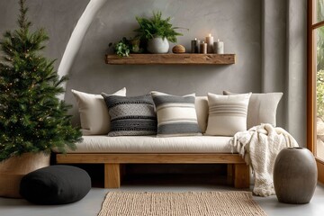 Cozy Scandinavian living room with neutral decor, Christmas tree and soft lighting - holiday home styling, comfort and natural minimalism