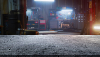 Scratched steel table top and service shop background with cold light