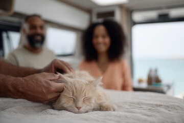 Hands gently petting a sleeping cat with a smiling couple relaxing in a camper van