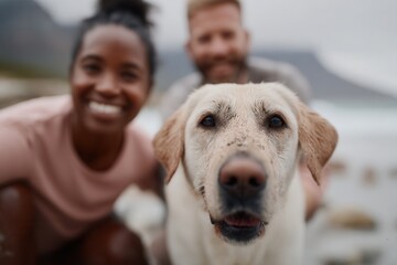 Dog enjoying outdoor adventure with its loving pet owners blurred in background