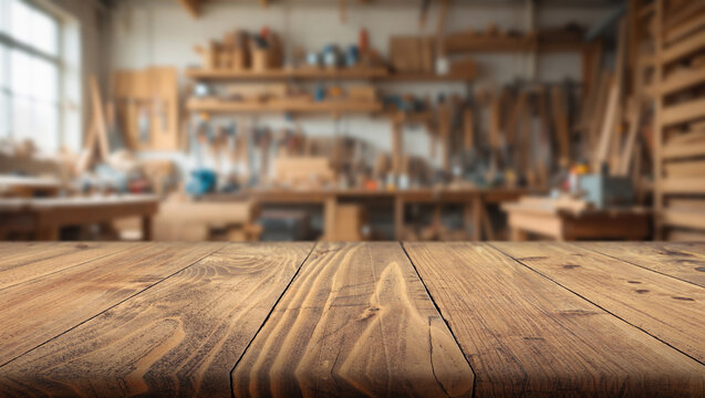 Wooden countertop in the foreground and a wall with shelves and tools in a cozy home workshop