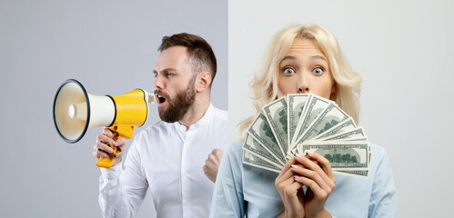 Two business professionals are seen in a motivational setting. One is speaking passionately into a megaphone while the other holds a stack of cash, representing success and ambition.