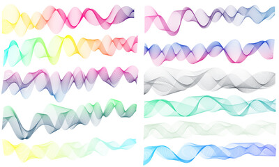 A large set of abstract smooth wavy line blends isolated on a white background. Dynamic gradient color wave line blend for a design element. Abstract twisted curve lines with blend effect.	
