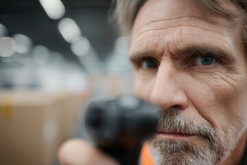 Focused mature man operating a barcode scanner in a blurred warehouse environment