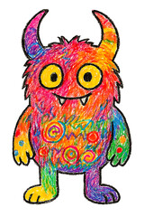 Cute Rainbow Monster Character &ndash; Colorful Furry Horned Creature in Hand-Drawn Crayon & Colored Pencil Style | Whimsical Kids Illustration Elements Collection