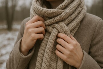 Close-up of person adjusting a soft beige knitted scarf and coat, cozy winter fashion detail in natural light.