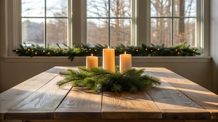 Christmas centerpiece on a wooden table by the window