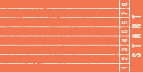 Fototapeta premium Grunge-style running track start line graphic with numbered lanes and textured marks, suitable for athletics themes, sport illustrations, race concepts, motivation designs and training visuals.