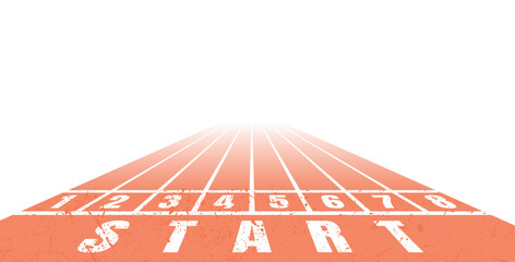 Naklejka premium Perspective running track with distressed start line and numbered lanes fading into distance, suitable for athletics themes, motivation designs, race concepts and sport-related creative projects.