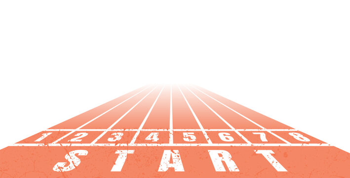Perspective running track with distressed start line and numbered lanes fading into distance, suitable for athletics themes, motivation designs, race concepts and sport-related creative projects.