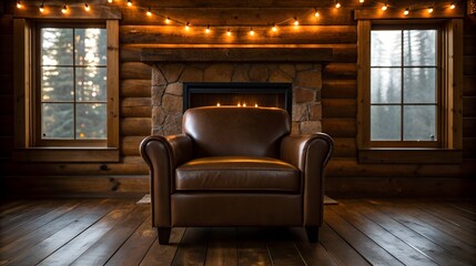 Leather armchair in rustic log cabin with fireplace