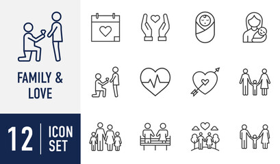 Fototapeta premium Family and Love line vector icons set. family, love, marriage, engagement, newborn, motherhood, parents, children, and romance concepts. Vector