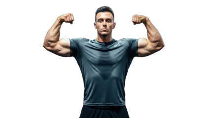 Muscular Man Flexing Biceps on White Background