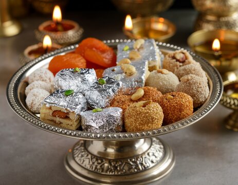 Opulent silver platter with traditional Indian sweets (mithai) and glowing Diwali diyas.
