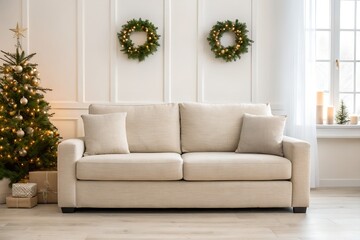 Fototapeta premium Sofa with Christmas Tree and Wreaths bright featuring