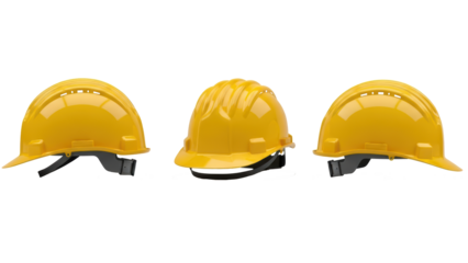 Yellow Safety Helmets, Construction Hard Hats Isolated on White, Protection