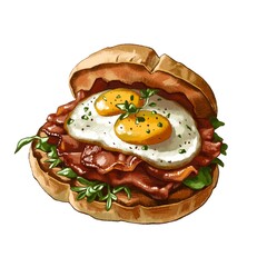 Delicious sandwich with bacon, eggs, and greens served with a soft bun in a kitchen setting during the morning
