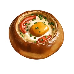 Breakfast dish with egg, sausage, and green onions served in bread bowl