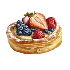 Fresh pastry topped with mixed berries and cream served on a white background during daytime