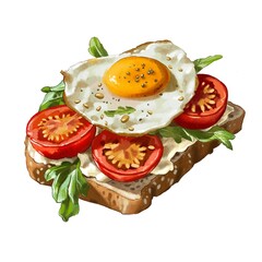 Delicious open-faced sandwich with tomato, arugula, and fried egg on whole grain bread served for breakfast