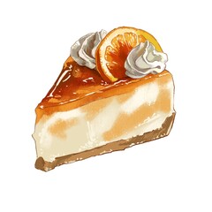 Delicious cheesecake slice topped with orange and whipped cream served on a plain plate