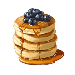 Stack of pancakes topped with blueberries and syrup on a simple plate for breakfast