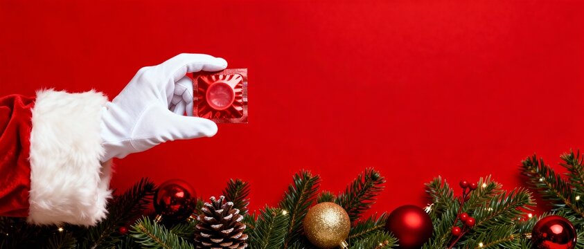 Santa's gloved hand holds a condom in discreet packaging against a rich red background with ample negative space in minimalist composition creating a festive health-conscious atmosphere, for sexual we