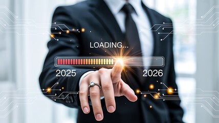 Businessman touching futuristic progress bar loading from 2025 to 2026