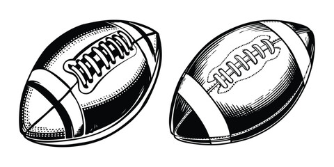 Obraz premium Vintage American football ball vector illustration hand drawn engraving style sports equipment graphic for logos, emblems, posters, badges, print, and design projects