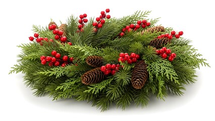 A classic Christmas wreath with pine leaves, red berries, and pine cones isolated on white, featuring rich texture and clean lighting, perfect for holiday branding and seasonal design themes.