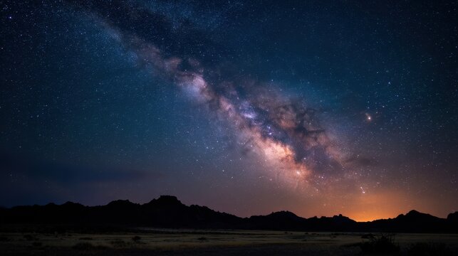 The scene shows a clear night sky filled with stars and the Milky Way. Mountains are present in the foreground while city lights can be seen far away on the horizon. - Powered by Adobe