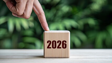 Hand changing wooden blocks from 2025 to 2026 on red table with warm festive bokeh lights
