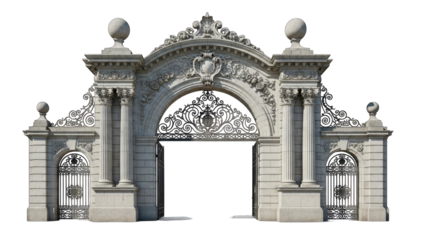 Ornate Stone Entrance Archway with Open Gates, Isolated