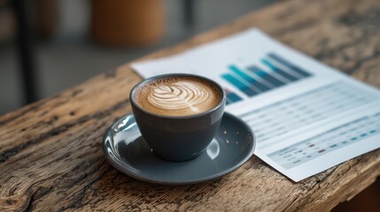 A coffee cup sits on a gray saucer on a wooden table. Beside it is a business report featuring various charts and data. This scene takes place in the morning at a cafe.