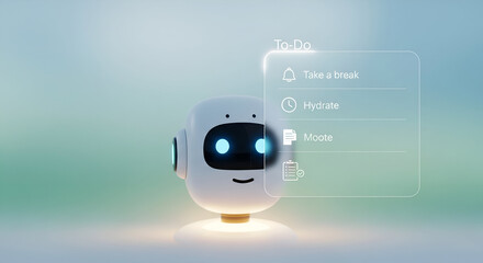 White Cute Robot Head Displaying a To-Do Checklist Interface with Reminders, Symbolizing Digital Assistant, Productivity, and AI Task Management.
