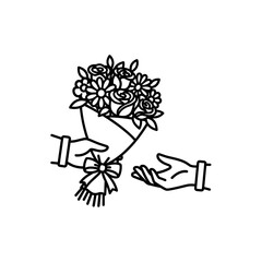 Hands exchanging a bouquet of flowers with ribbon decoration  