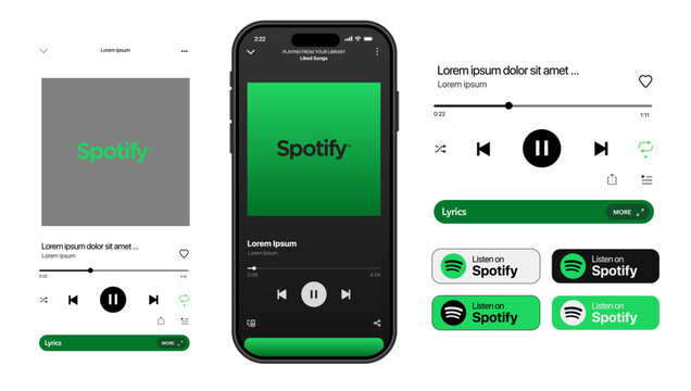 Spotify music player layout showing timeline play pause next like highlight and modern streaming controls in detailed vector illustration