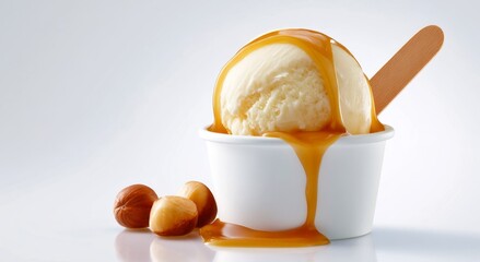 Delicious scoop of ice cream drizzled with caramel sauce. This image captures the creamy texture and sweetness of dessert. Perfect for food blogs and culinary websites. AI