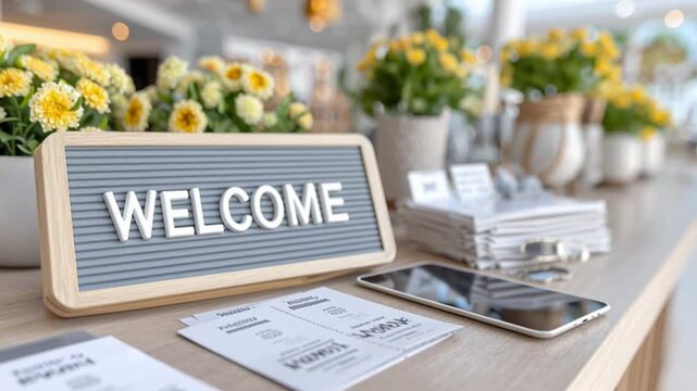 Wooden counter in a hotel lobby displays a welcoming sign. Brightly lit, the reception desk is adorned with yellow flowers, pamphlets, and a smartphone