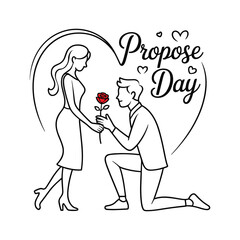 Propose Day Line Art Illustration of Man Proposing with Rose