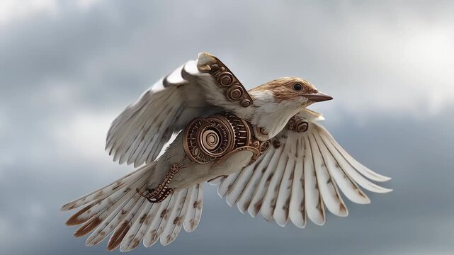 Mechanical sparrow flying through a cloudy sky. Intricate bronze and copper gears powering the flight of a robotic bird in a surreal scene
