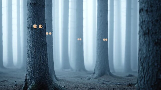 In a mystical forest shrouded in fog, curious creatures with luminous cartoon eyes playfully peek out from behind the trees, adding a touch of enchantment to the mysterious surroundings