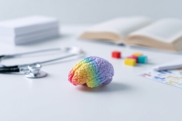A rainbow-colored brain sculpture sits on a table surrounded by educational materials and tools