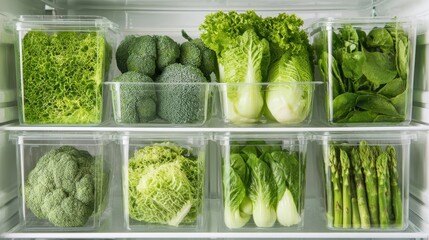 Various green vegetables are stored in clear containers on shelves inside a refrigerator. The selection includes lettuce broccoli spinach and asparagus all fresh and ready for meals.