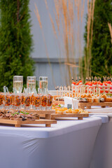 A stunning spread of appetizers and drinks at an outdoor sunset gathering